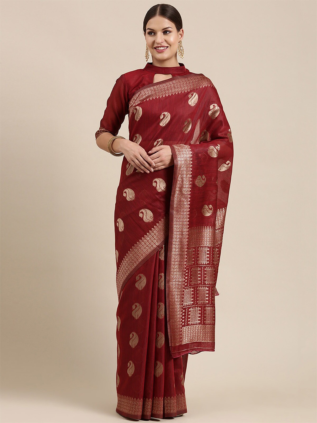 

ODETTE Maroon & Gold-Toned Paisley Zari Linen Blend Saree