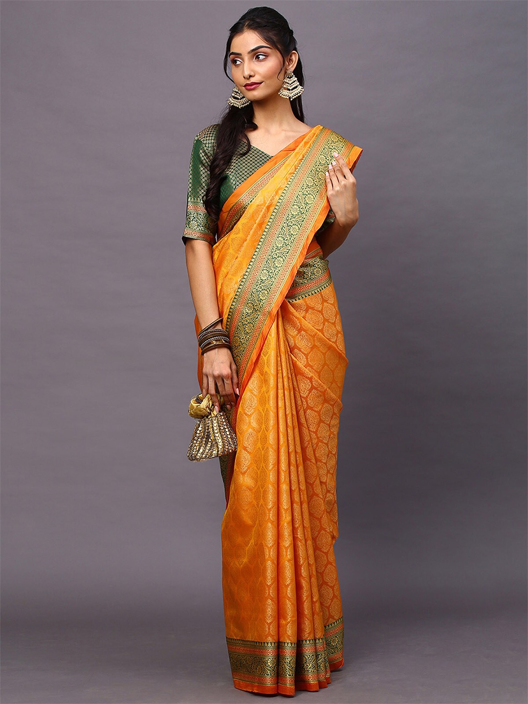 

ODETTE Yellow & Green Woven Design Zari Silk Blend Saree