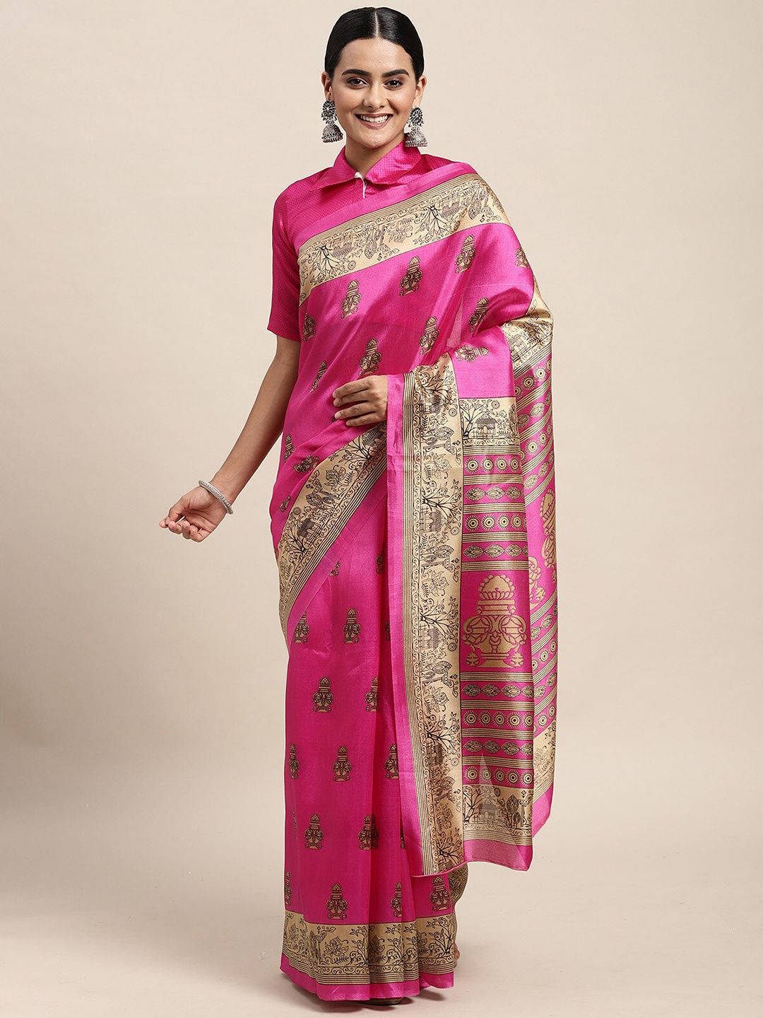 

ODETTE Pink & Beige Ethnic Motifs Silk Blend Saree