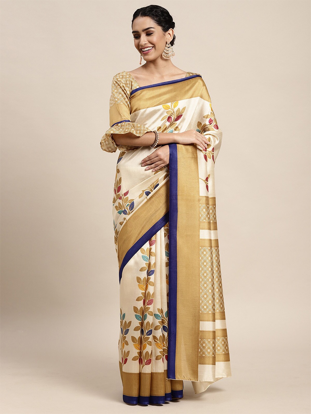 

ODETTE Beige & Blue Woven Design Zari Silk Blend Saree