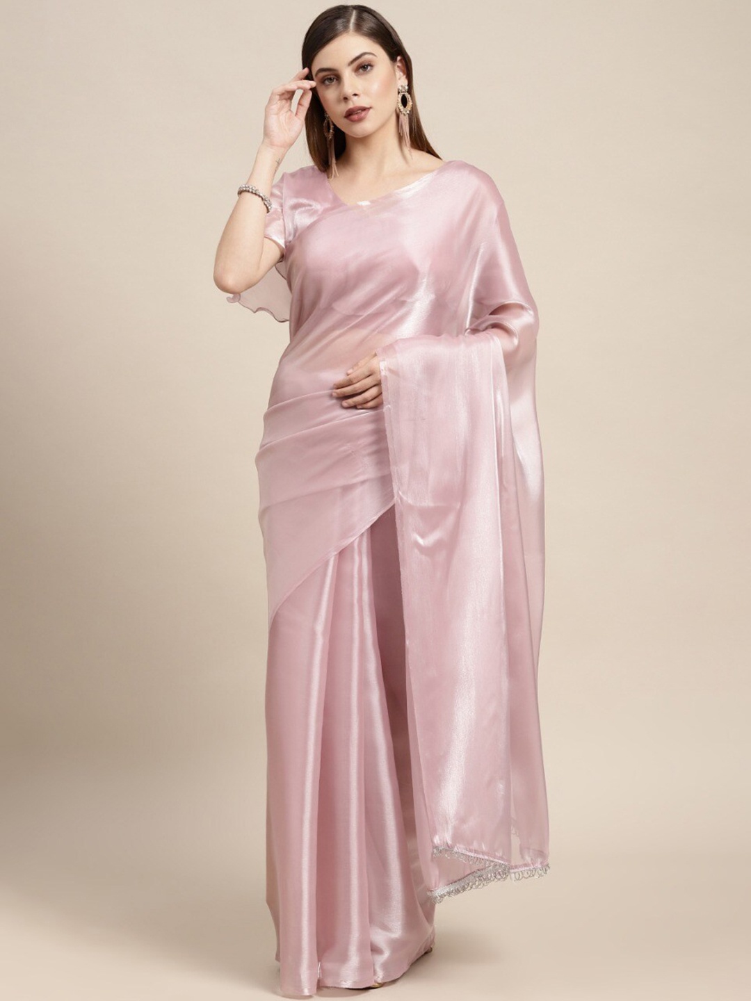 

ODETTE Pink Silk Blend Saree