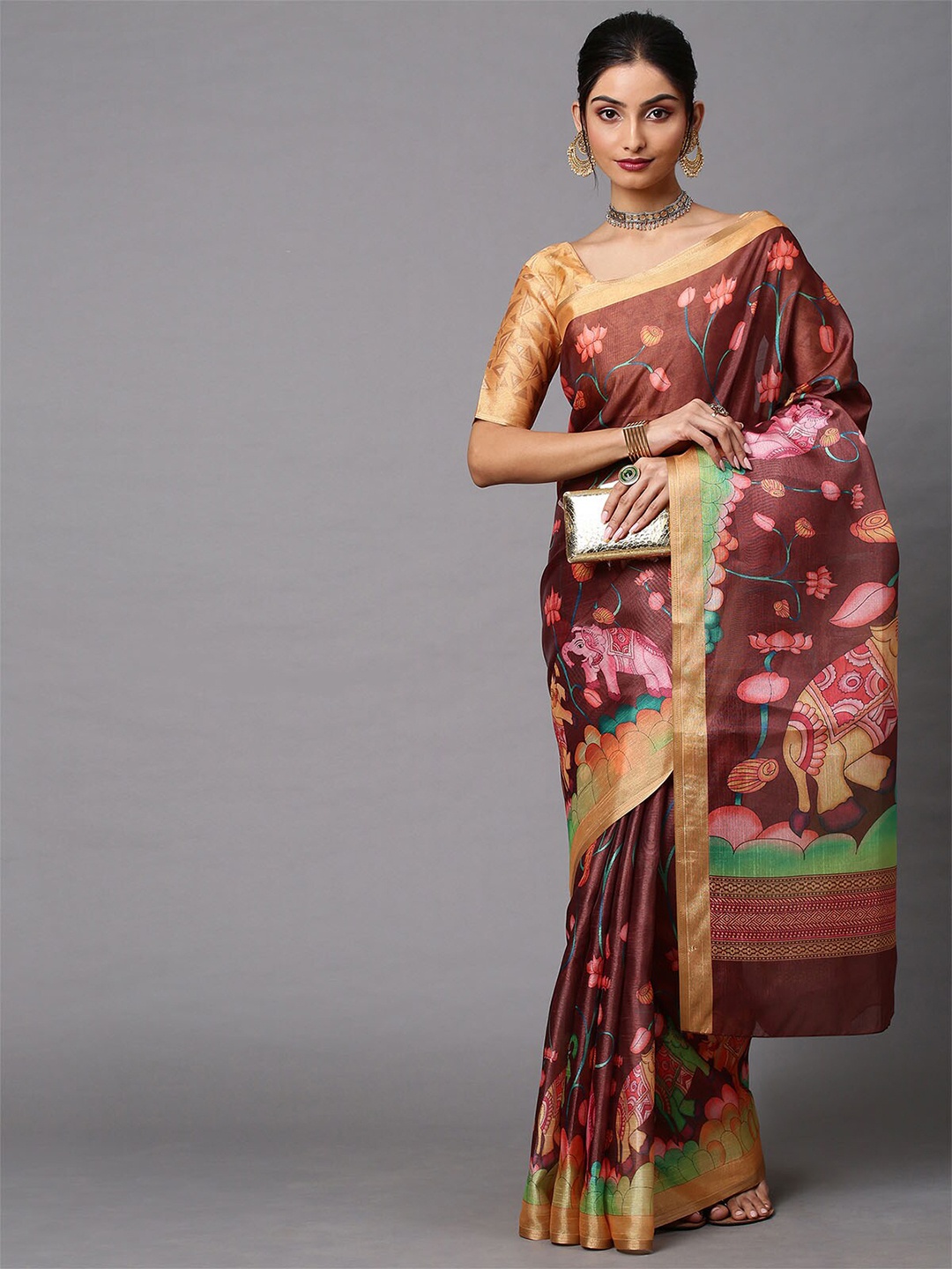 

ODETTE Brown & Green Floral Zari Pochampally Saree