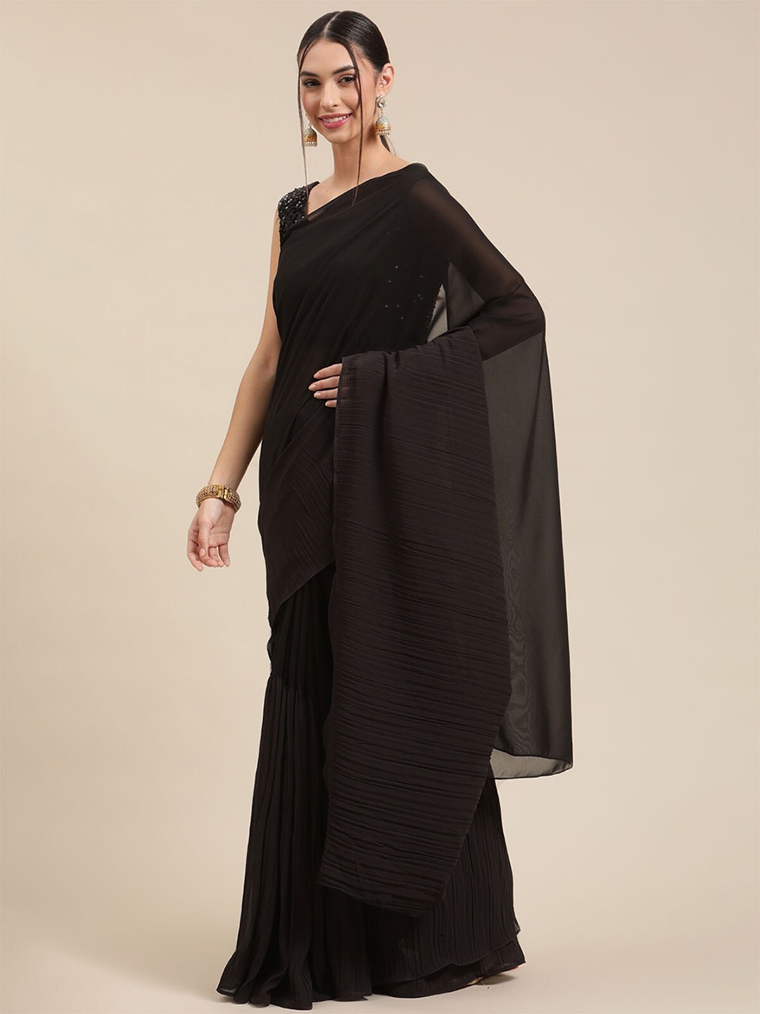 

ODETTE Black Solid Georgette Celebrity Saree