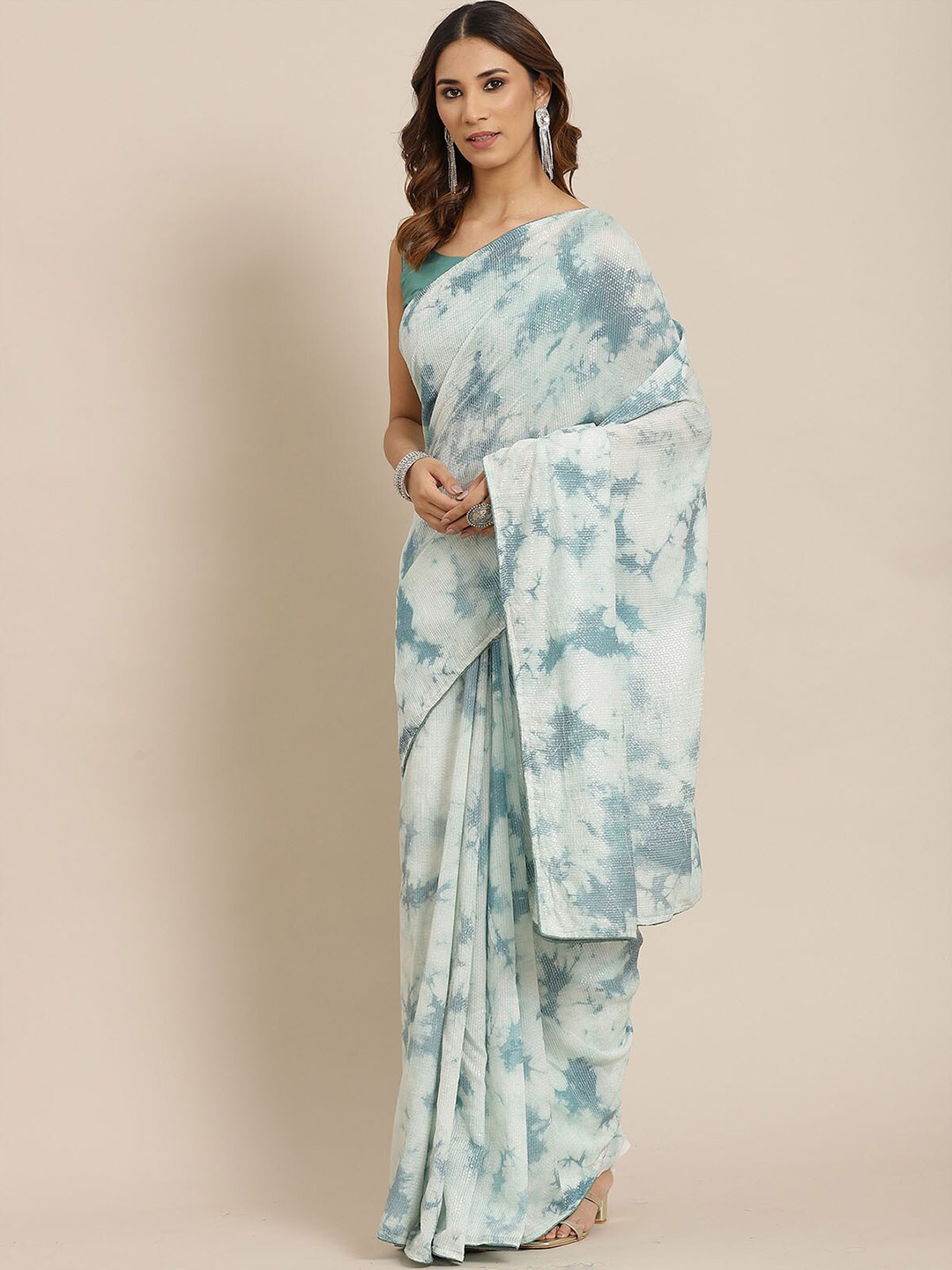 

ODETTE Teal & White Tie and Dye Poly Silk Saree
