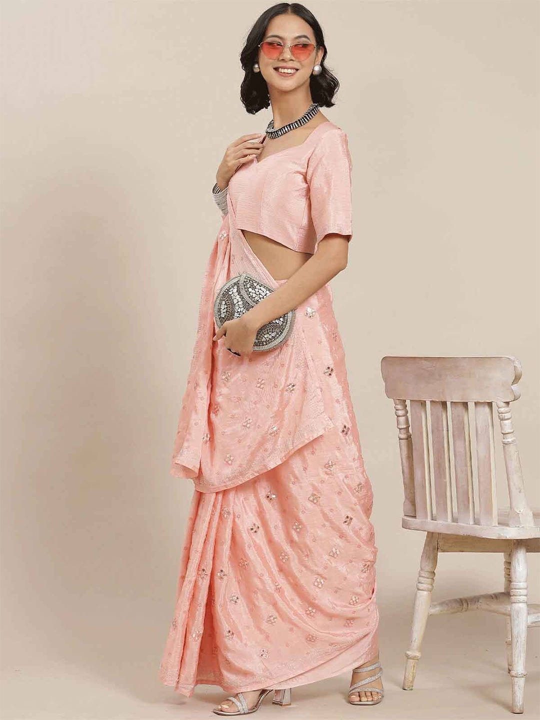 

ODETTE Peach-Coloured Embellished Embroidered Silk Blend Saree