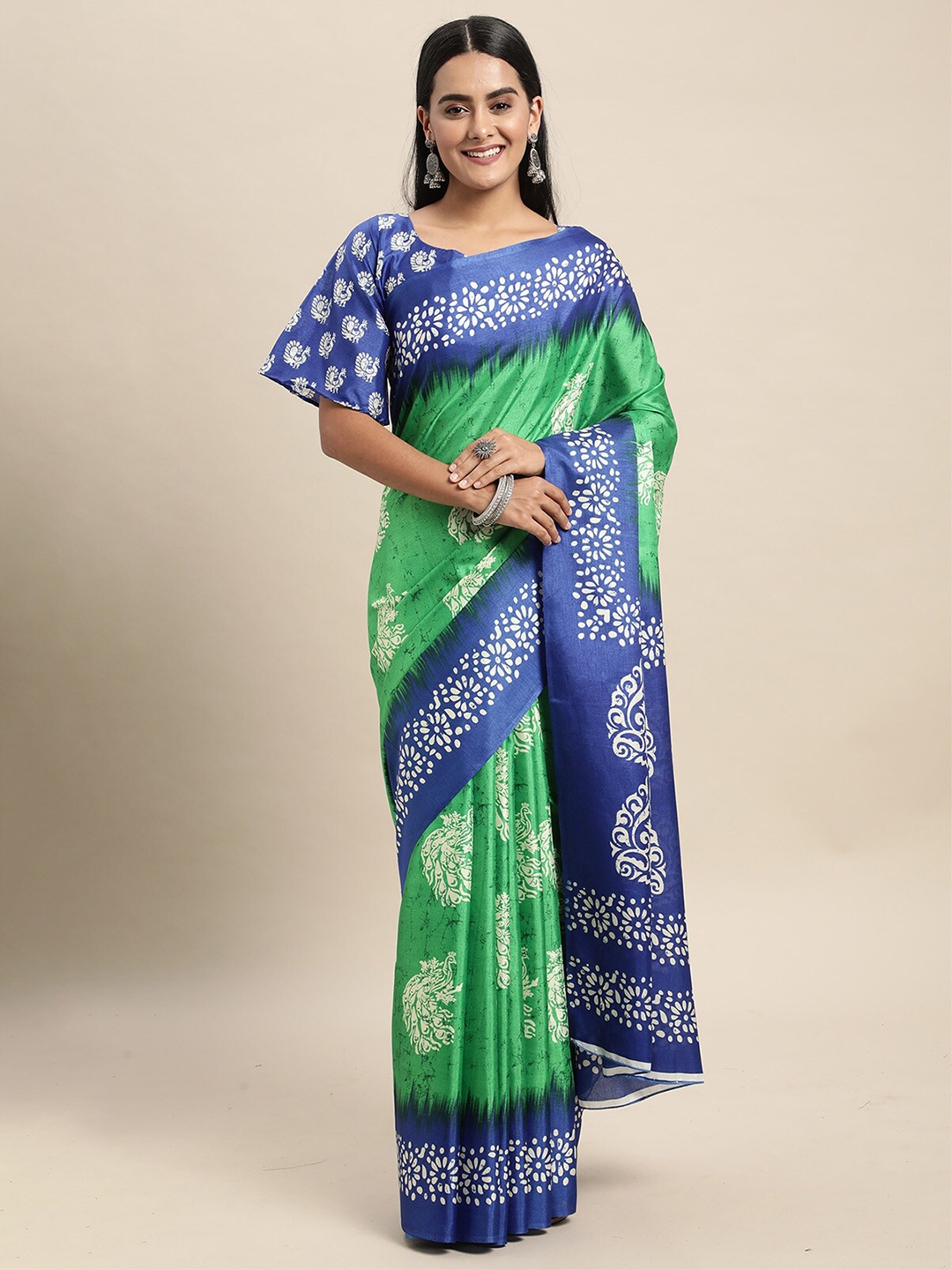 

ODETTE Green & Blue Floral Silk Blend Saree