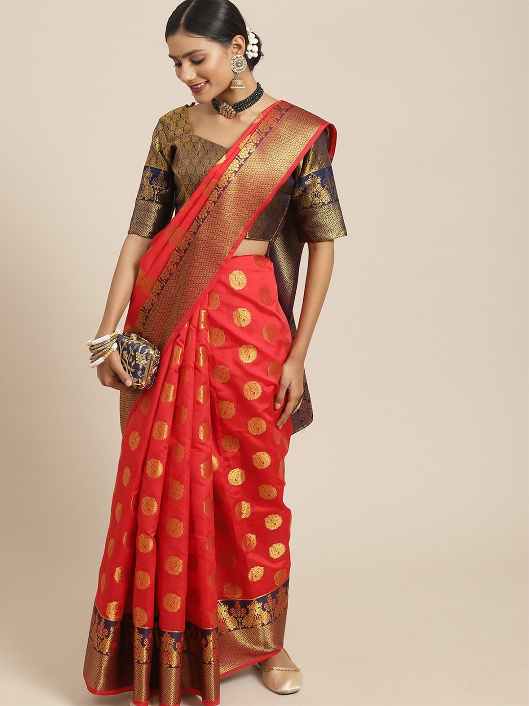 

ODETTE Red & Navy Blue Woven Design Zari Silk Blend Kanjeevaram Saree