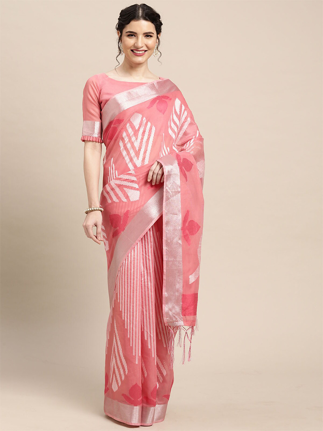 

ODETTE Pink & Silver-Toned Woven Design Zari Uppada Saree