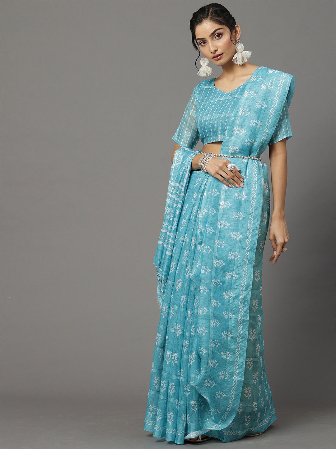 

ODETTE Turquoise Blue & White Floral Silk Blend Block Print Saree