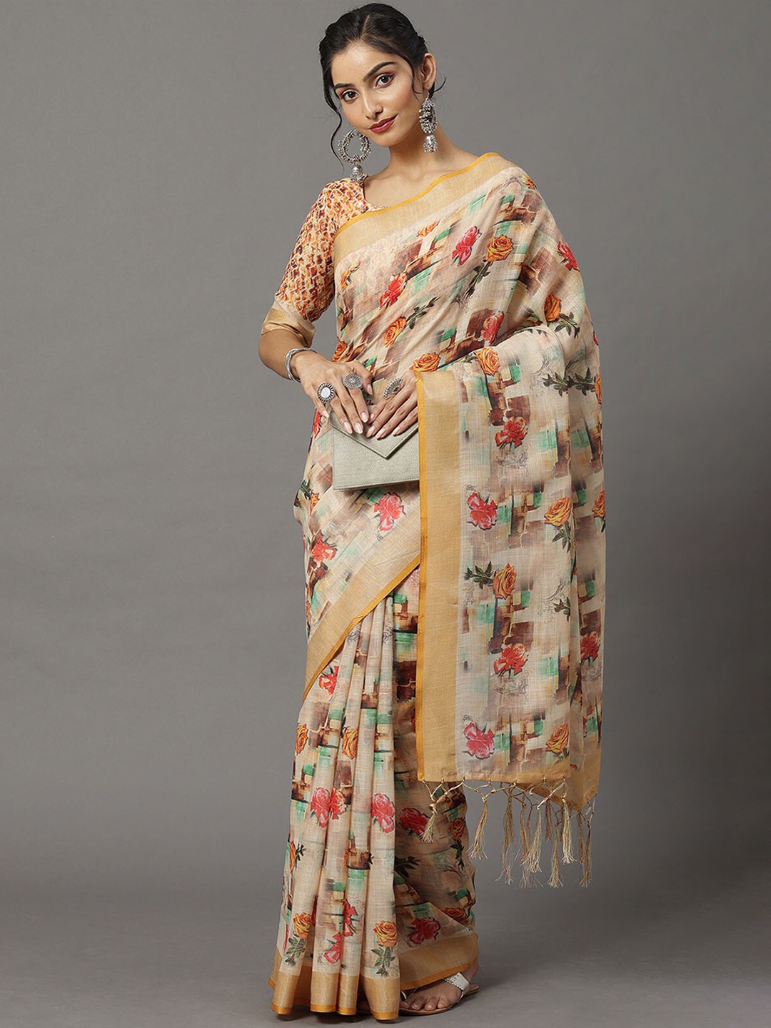 

ODETTE Cream-Coloured & Red Floral Zari Linen Blend Banarasi Saree