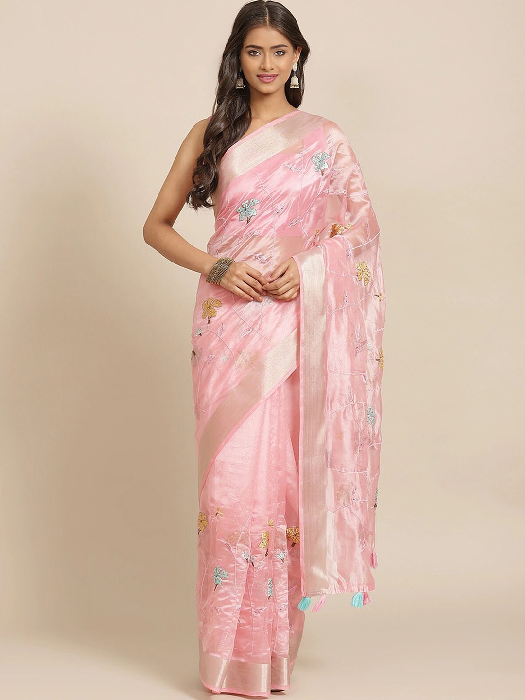 

ODETTE Pink & Silver-Toned Floral Zari Organza Saree
