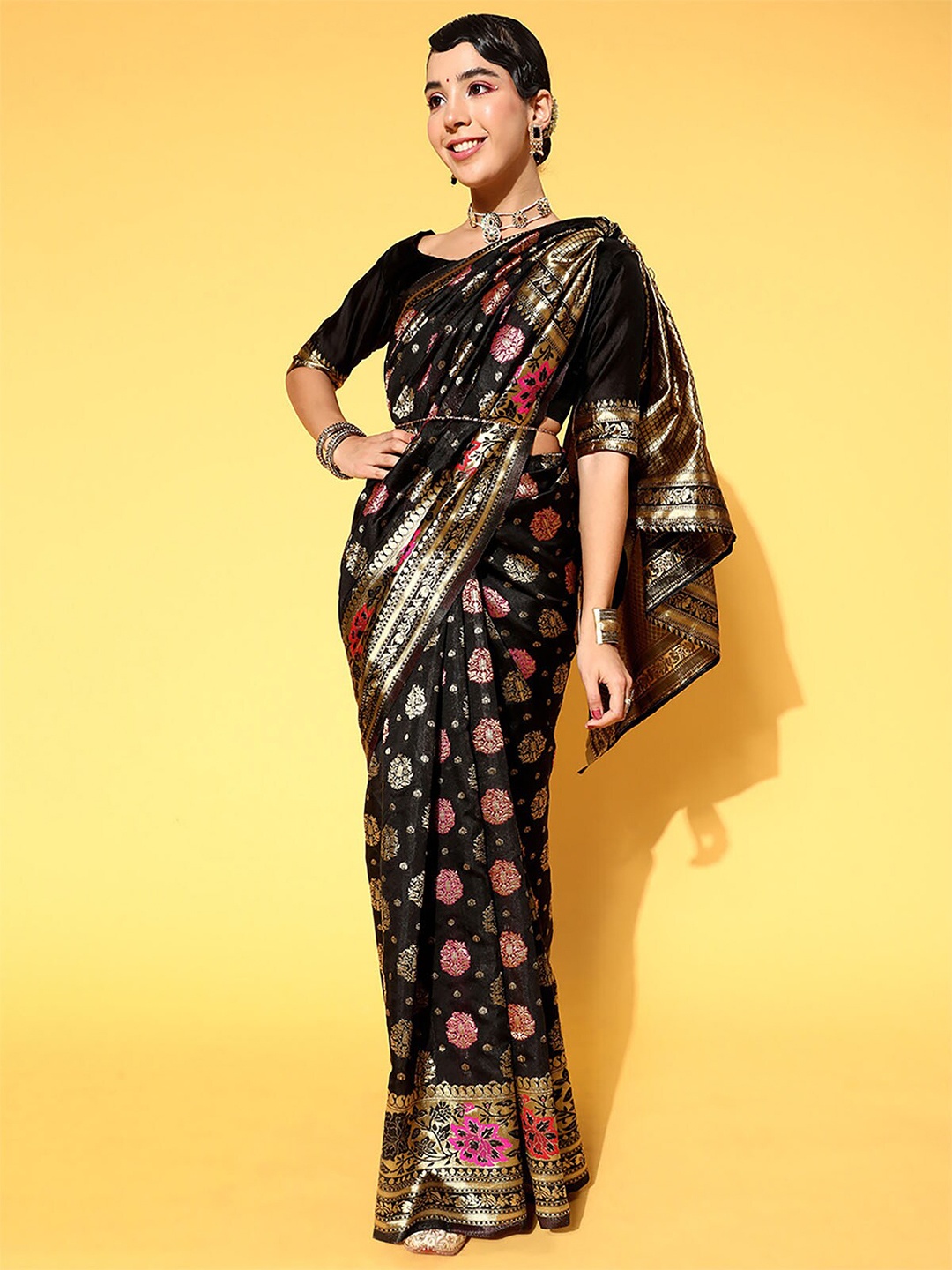 

ODETTE Black & Red Woven Design Zari Silk Blend Saree