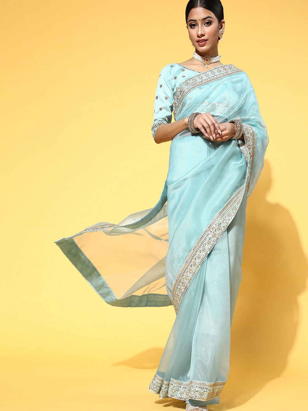 

ODETTE Turquoise Blue & White Embroidered Organza Saree