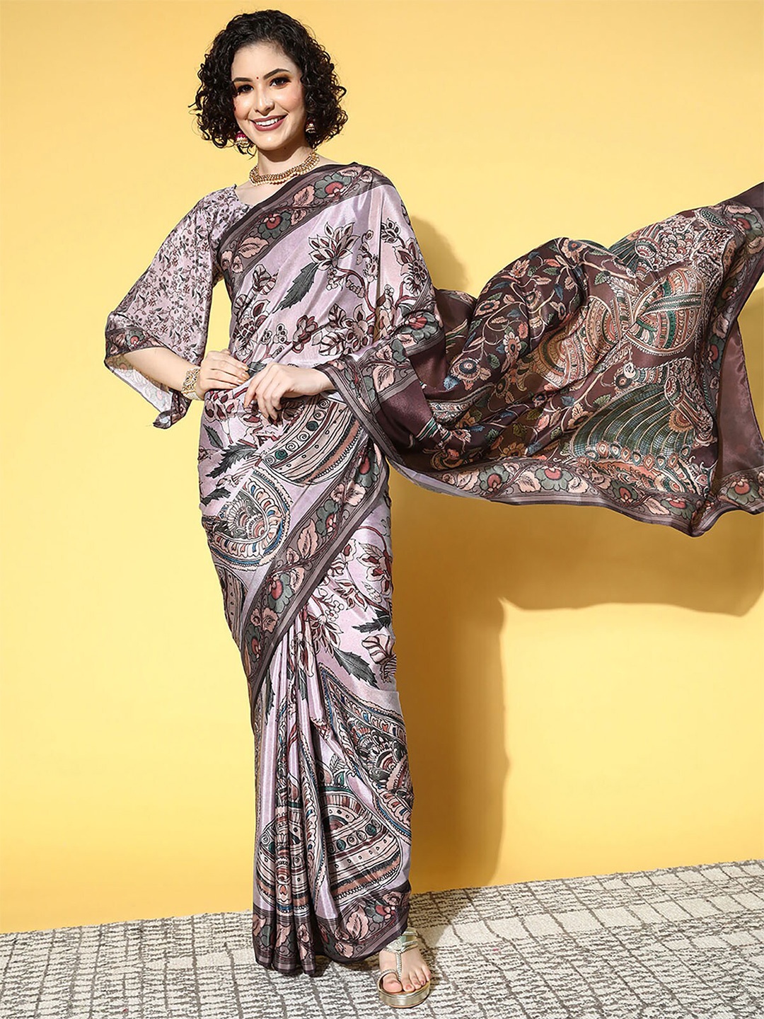 

ODETTE Grey & Brown Kalamkari Saree