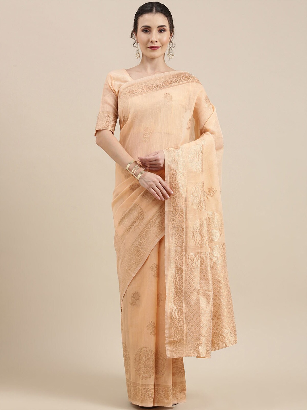 

ODETTE Peach-Coloured & Gold-Toned Woven Design Zari Linen Blend Banarasi Saree