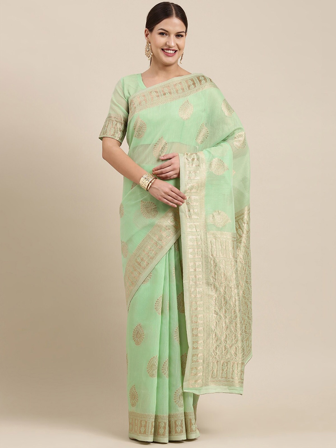 

ODETTE Green & Gold-Toned Woven Design Zari Linen Blend Banarasi Saree