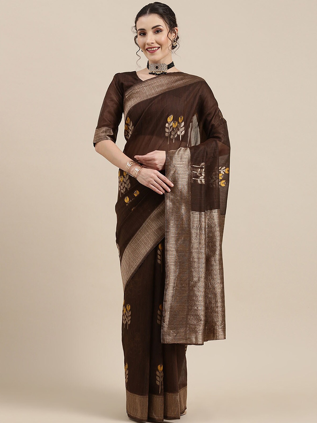 

ODETTE Brown & Yellow Woven Design Zari Linen Blend Banarasi Saree