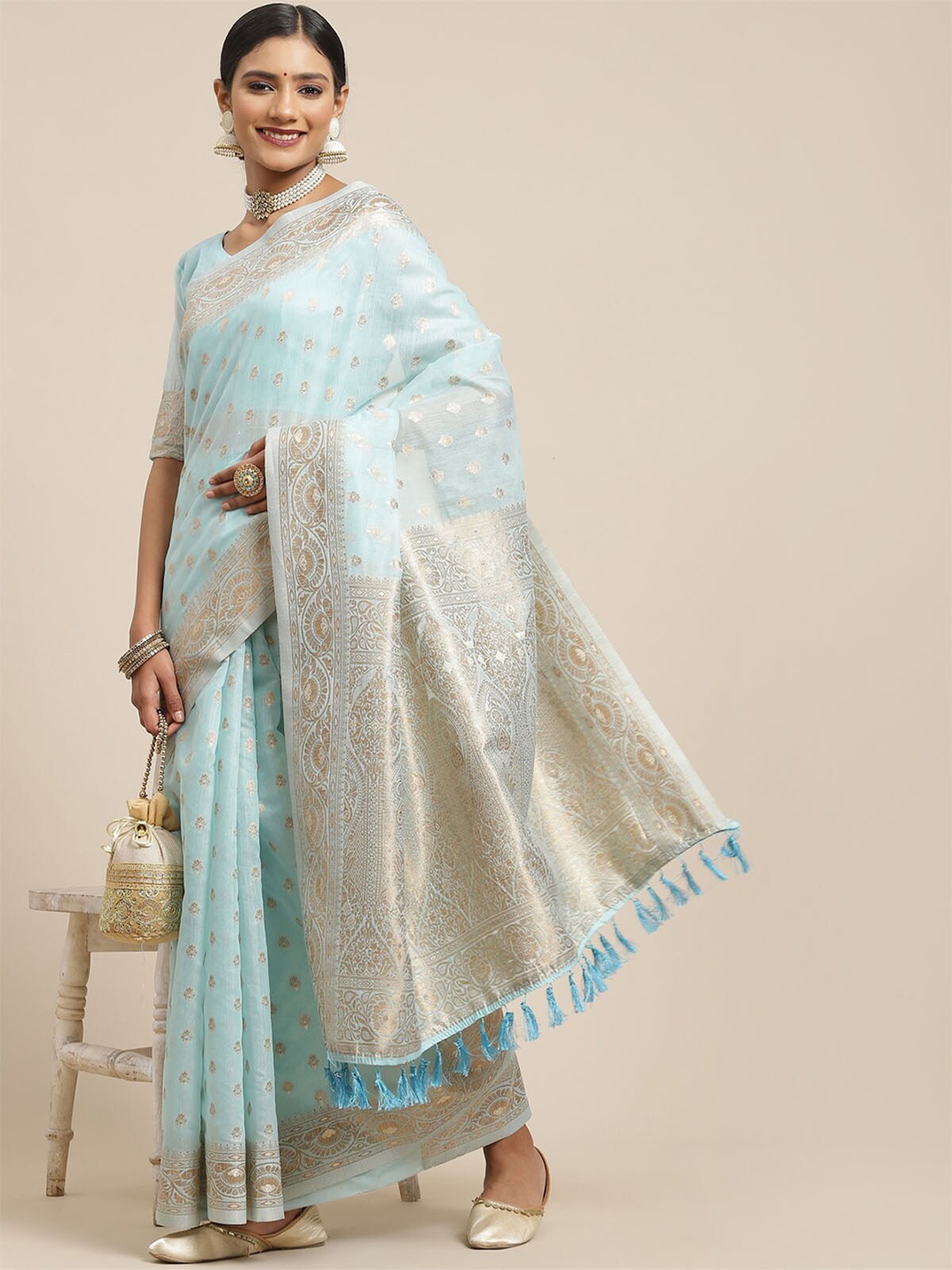 

ODETTE Blue & Gold-Toned Woven Design Zari Silk Cotton Sambalpuri Saree