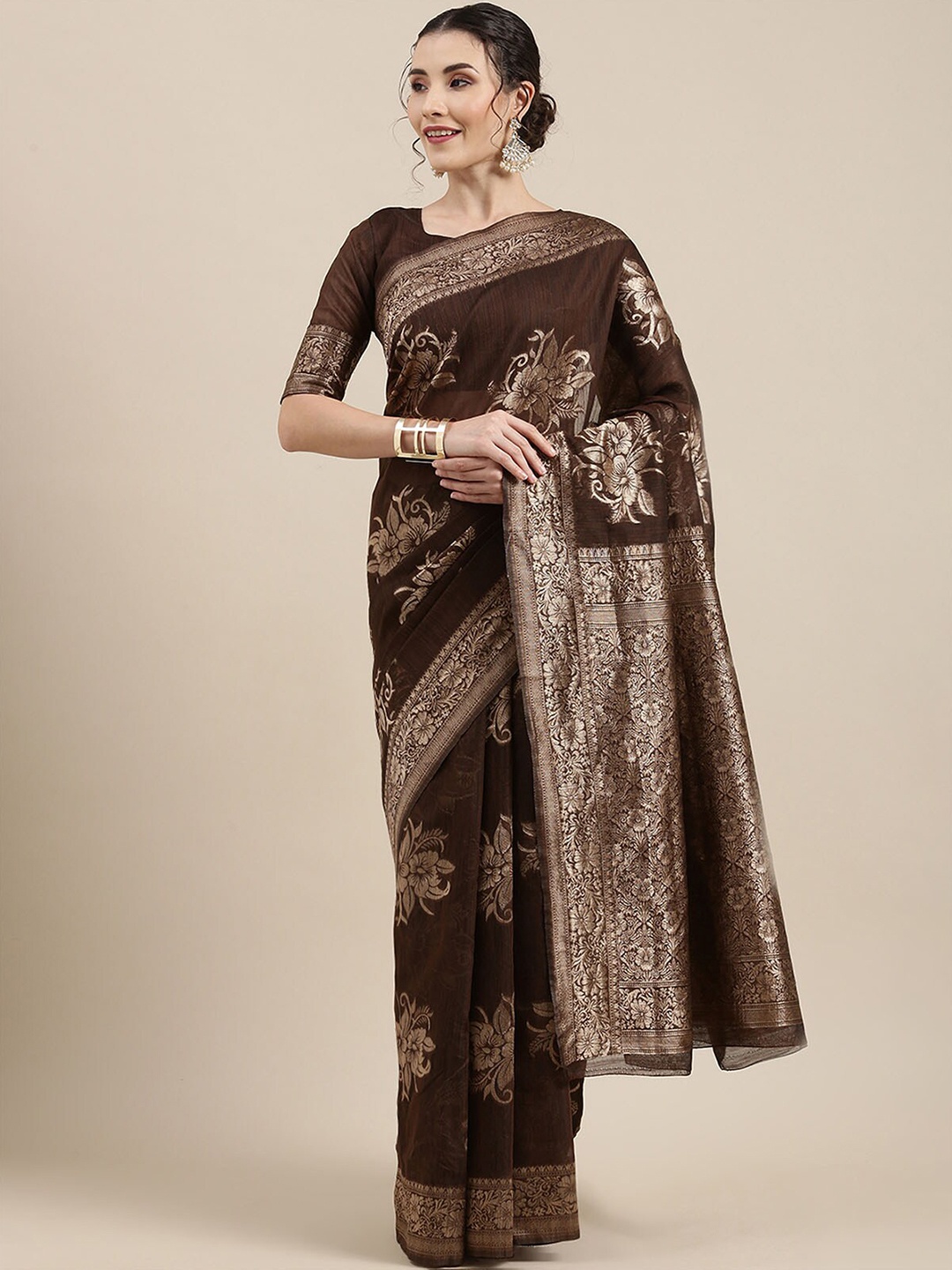 

ODETTE Brown & Gold-Toned Woven Design Zari Linen Blend Banarasi Saree