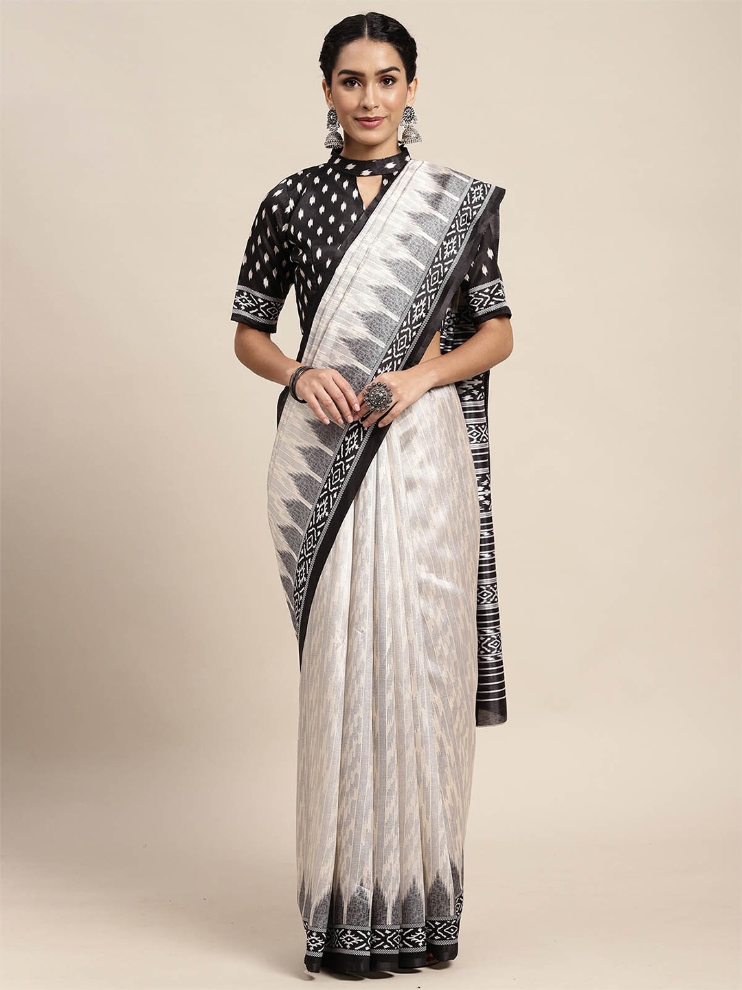 

ODETTE Off White & Grey Printed Silk Blend Saree