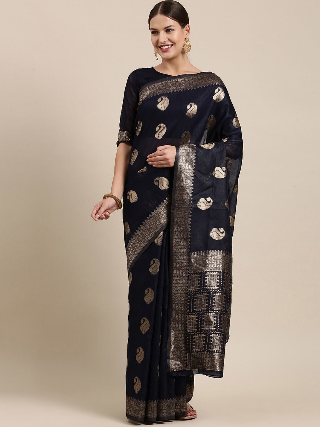 

ODETTE Navy Blue & Gold-Toned Woven Design Zari Linen Blend Banarasi Saree