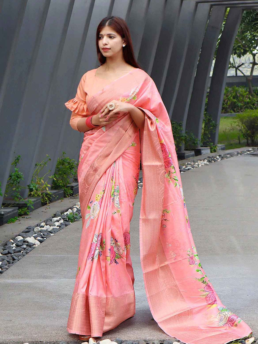 

ODETTE Peach-Coloured & Yellow Floral Zari Silk Blend Saree