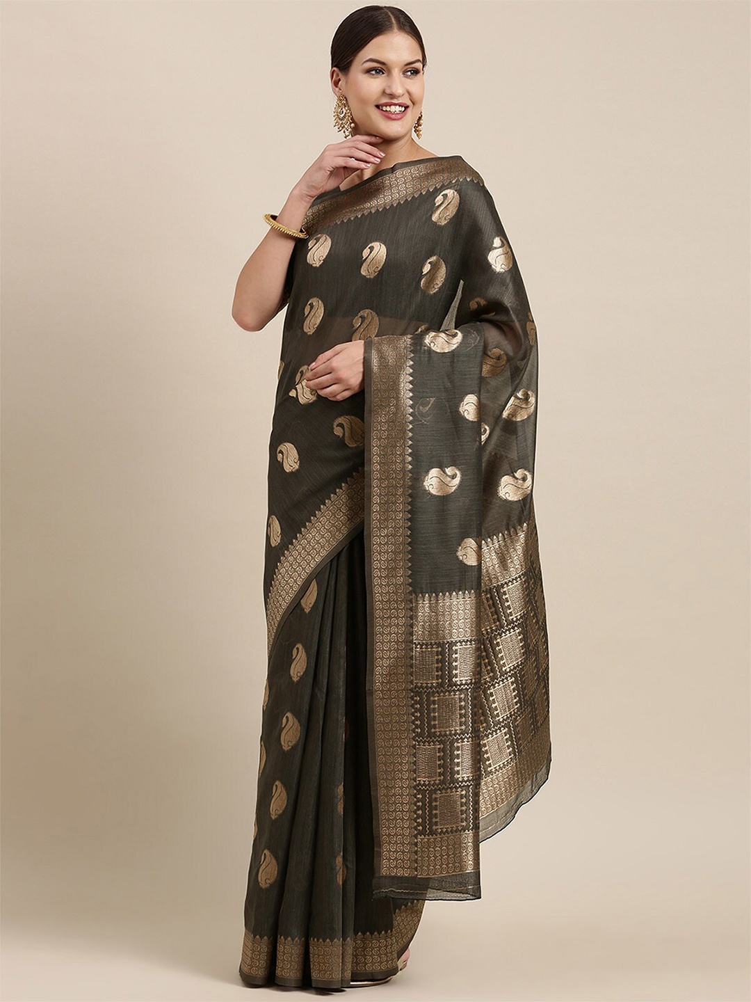 

ODETTE Charcoal & Gold-Toned Woven Design Zari Banarasi Saree