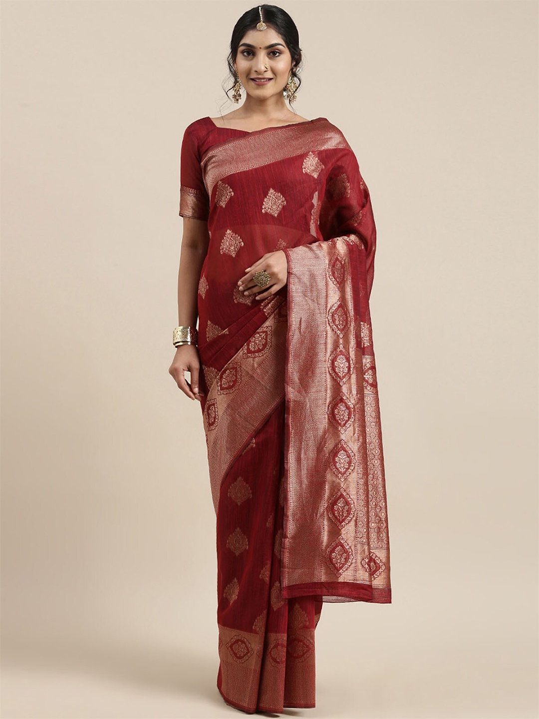 

ODETTE Maroon & Gold-Toned Woven Design Zari Linen Blend Banarasi Saree