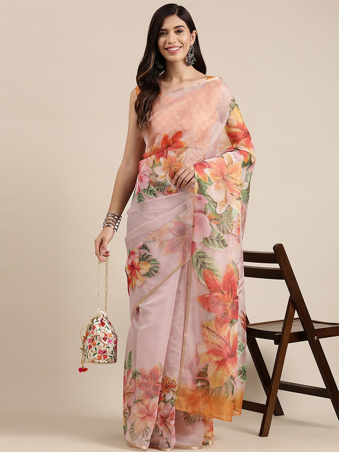 

ODETTE Pink & Orange Floral Zari Organza Saree