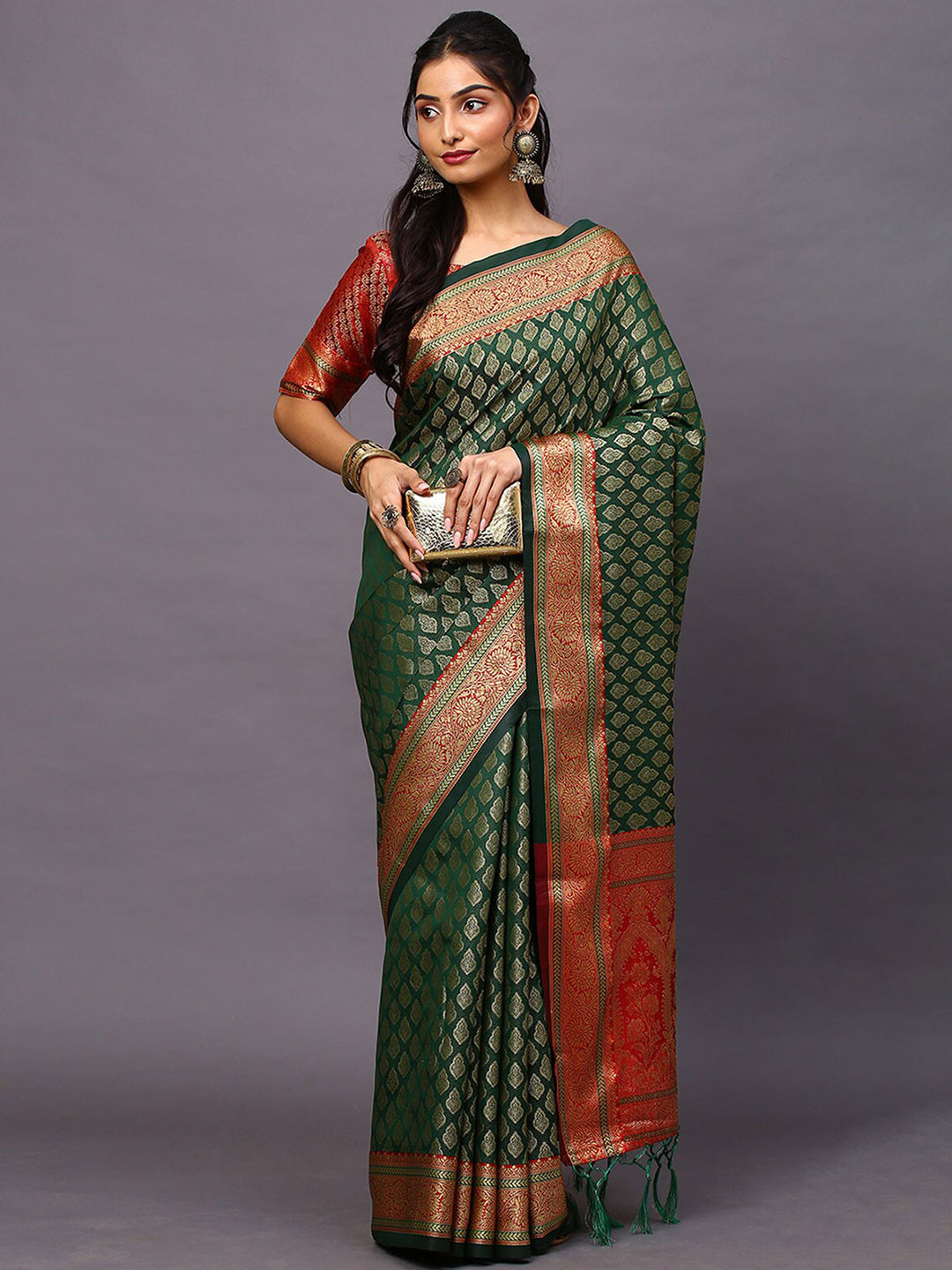 

ODETTE Green & Red Woven Design Zari Silk Blend Banarasi Saree