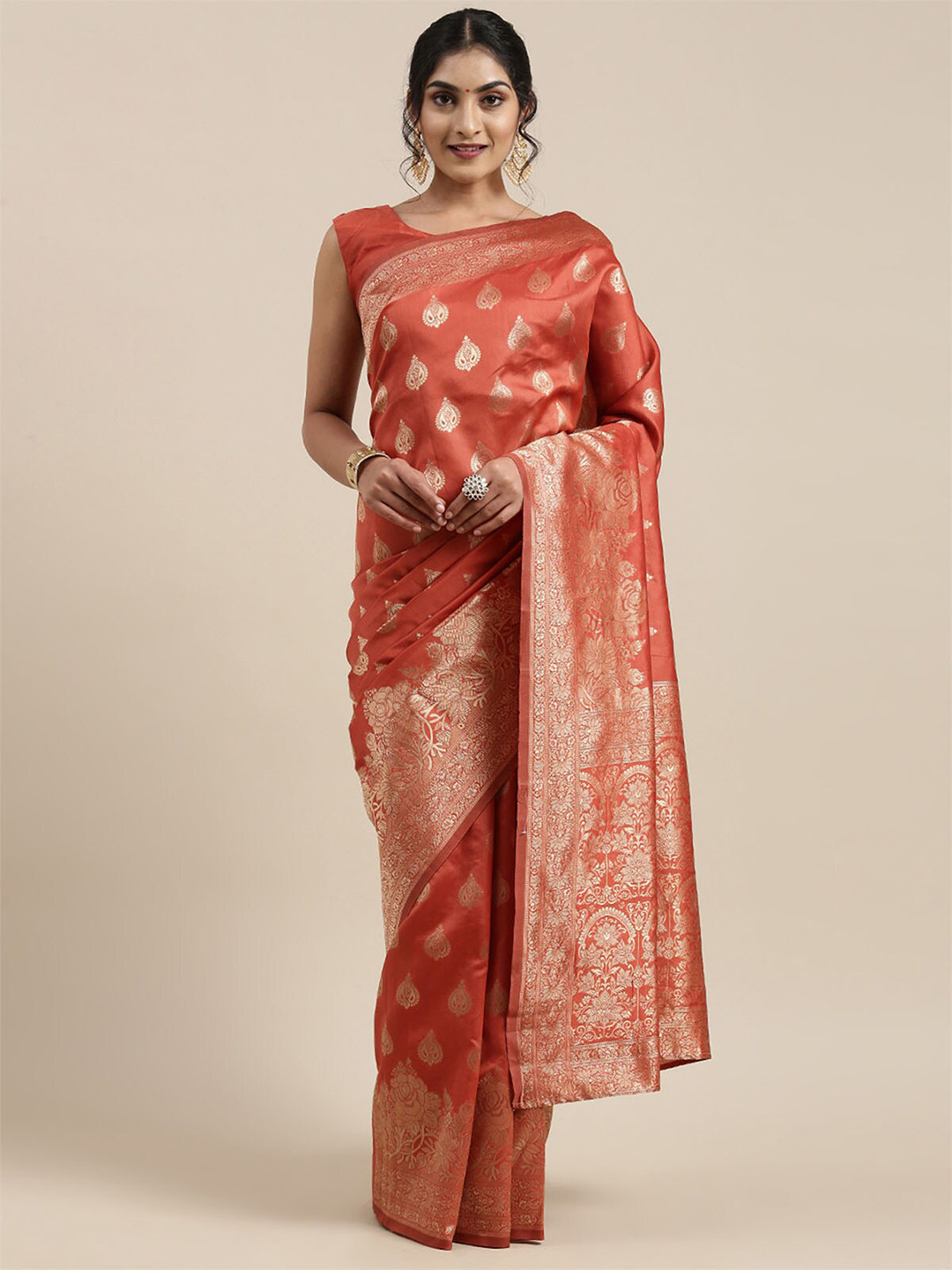 

ODETTE Orange & Gold-Toned Woven Design Zari Silk Blend Banarasi Saree