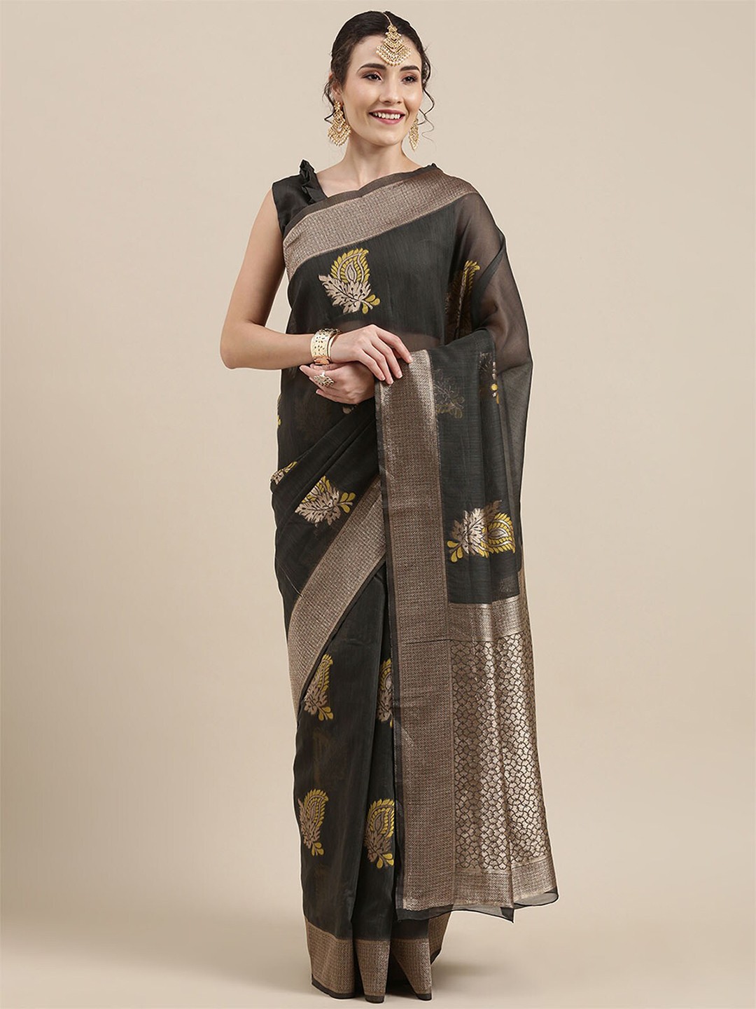 

ODETTE Grey & Gold-Toned Woven Design Zari Linen Blend Banarasi Saree
