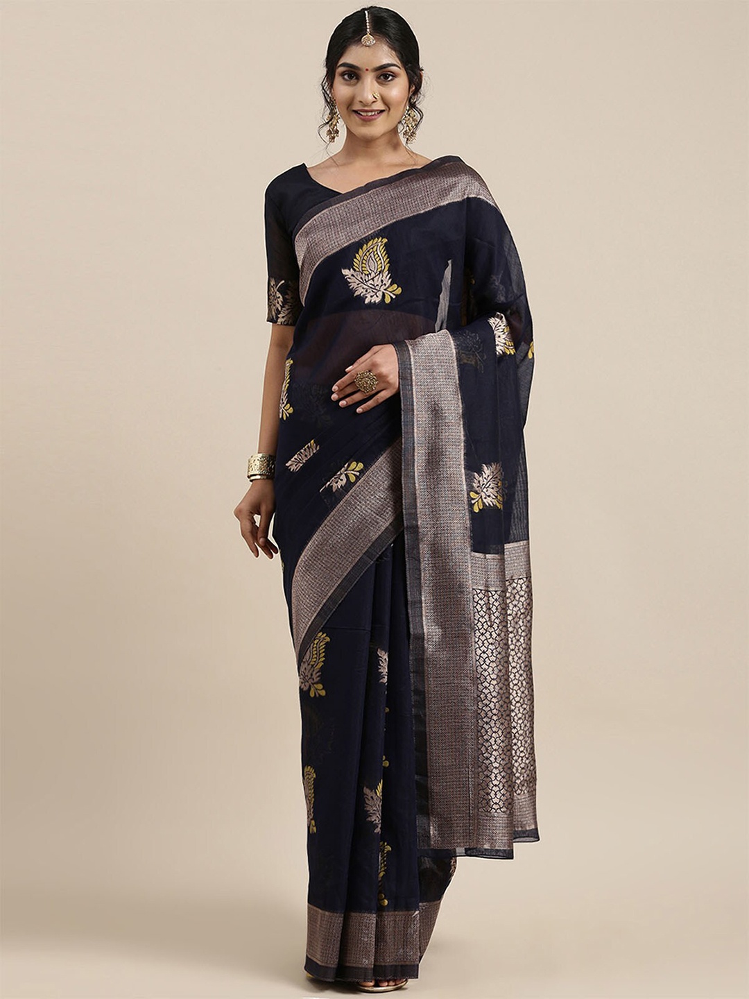 

ODETTE Navy Blue & Gold-Toned Woven Design Zari Linen Blend Banarasi Saree
