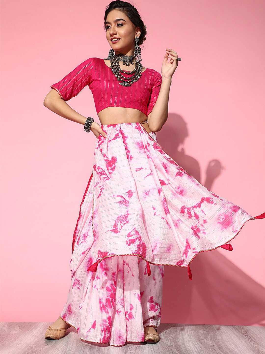 

ODETTE Pink & White Tie and Dye Silk Blend Saree