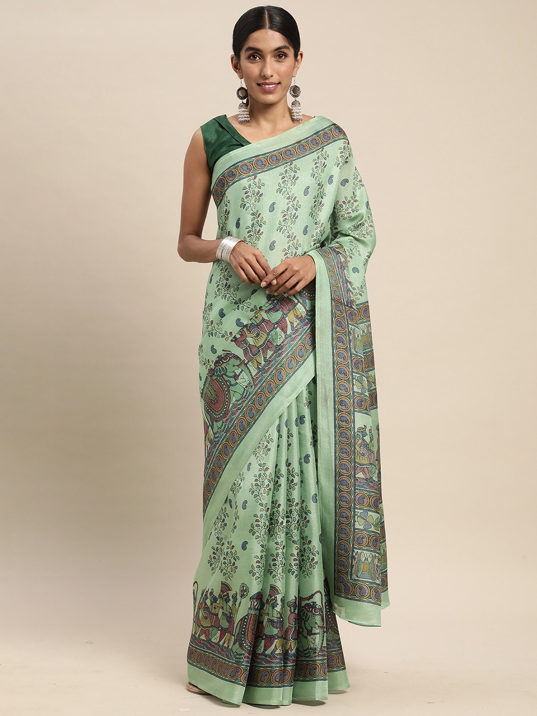 

ODETTE Sea Green & Blue Floral Silk Blend Saree