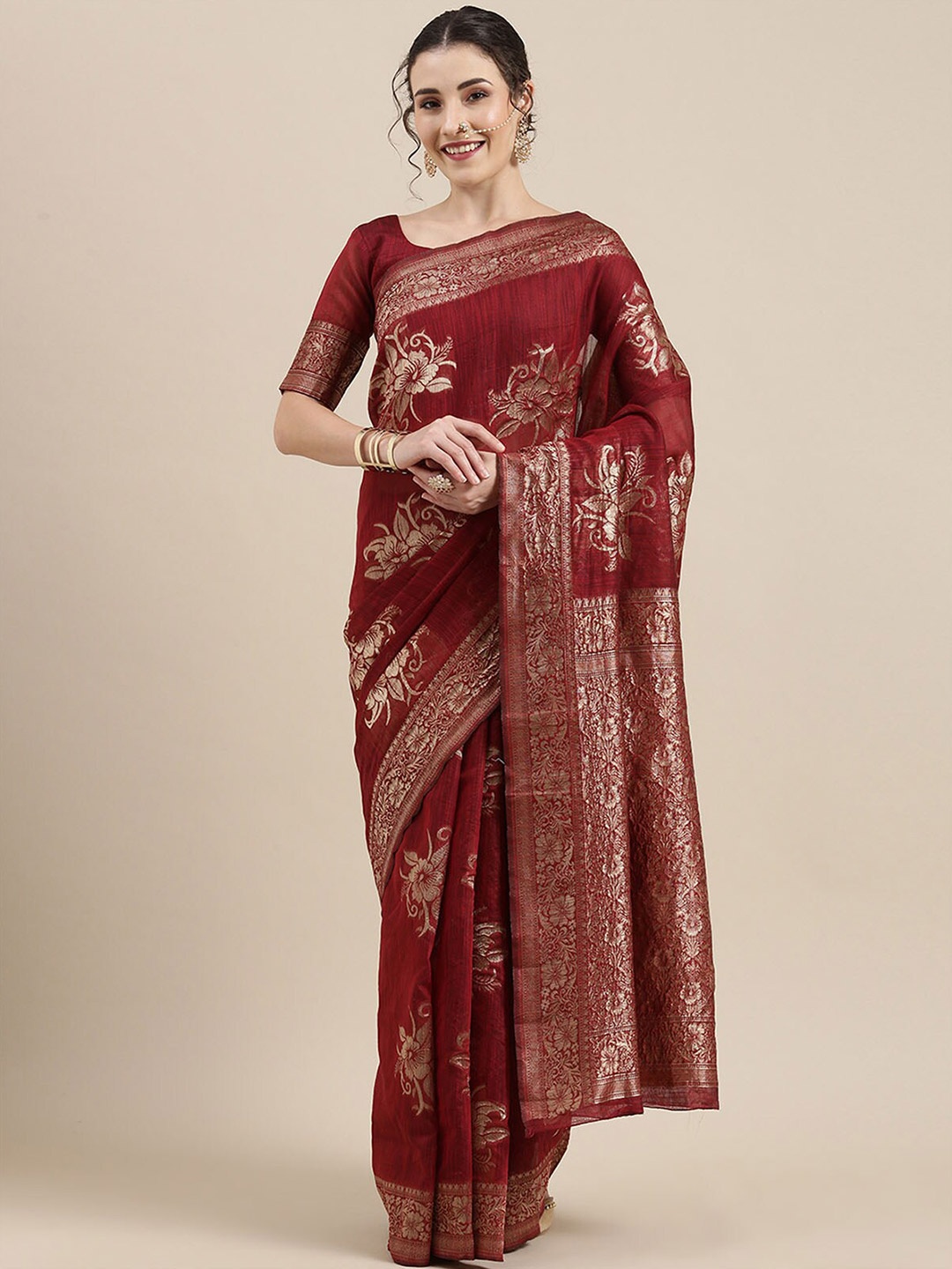 

ODETTE Maroon & Gold-Toned Woven Design Zari Linen Blend Banarasi Saree