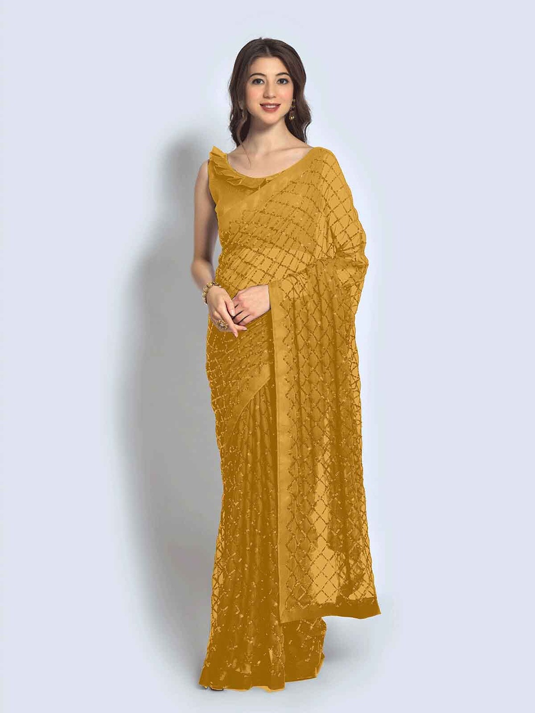 

ODETTE Mustard Embellished Sequinned Saree