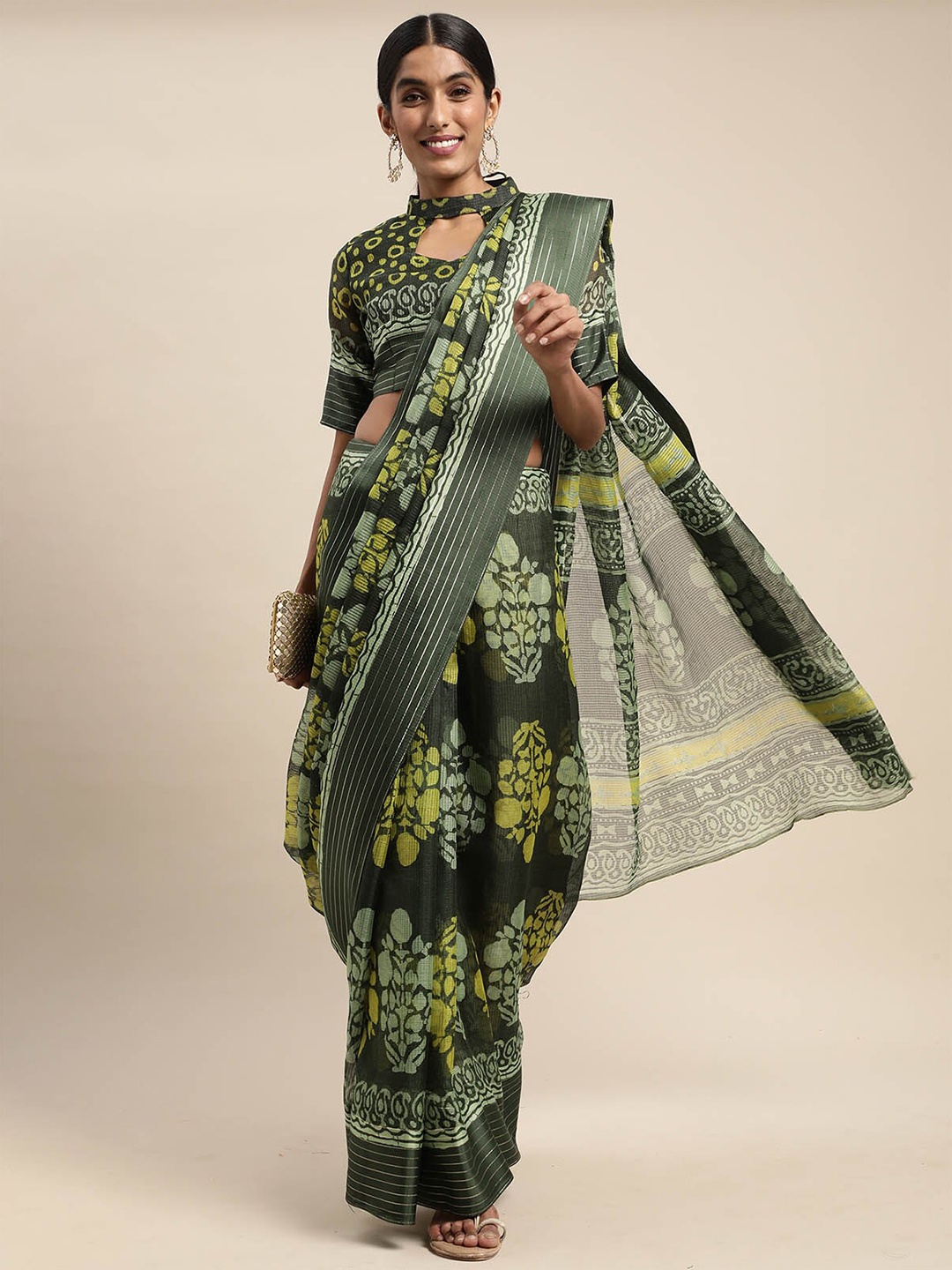 

ODETTE Olive Green & Yellow Floral Brasso Saree