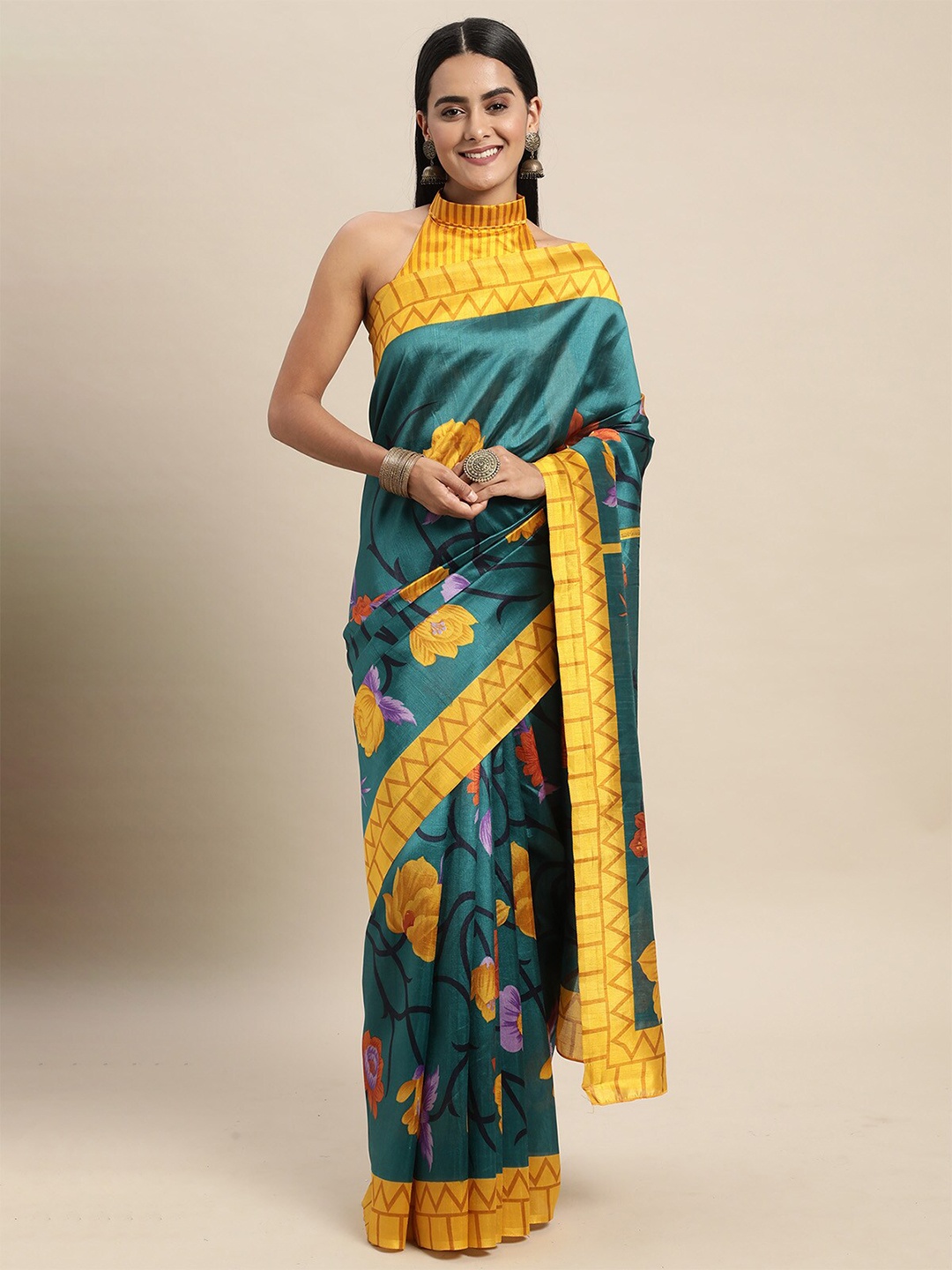 

ODETTE Teal & Yellow Floral Silk Blend Saree