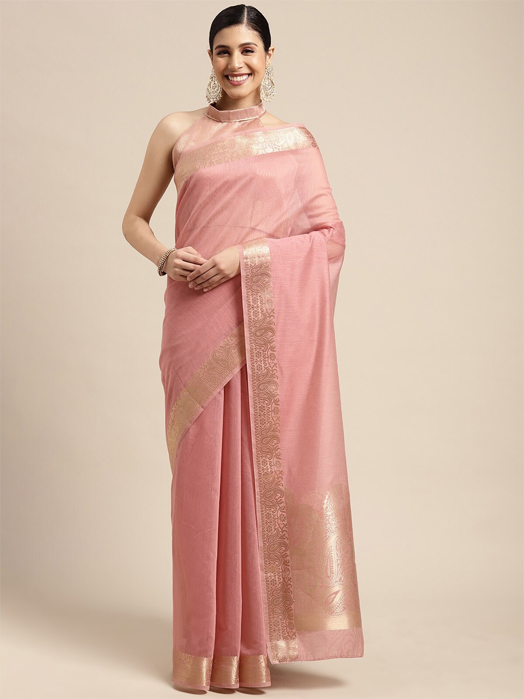 

ODETTE Mauve & Gold-Toned Zari Linen Blend Taant Saree