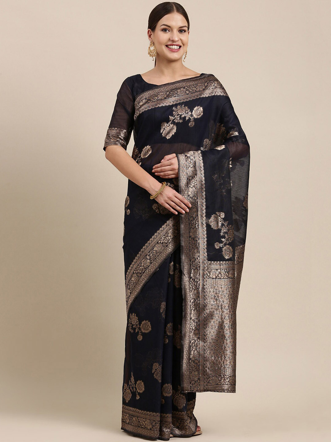 

ODETTE Navy Blue & Gold-Toned Woven Design Zari Linen Blend Banarasi Saree