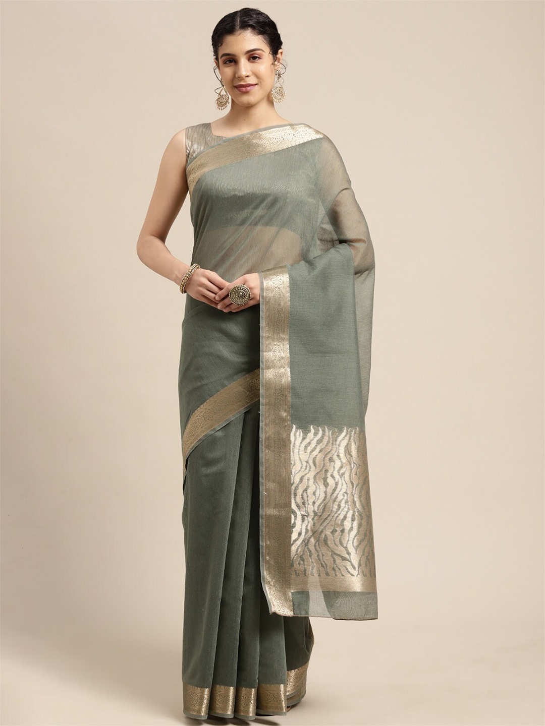 

ODETTE Sea Green & Gold-Toned Zari Linen Blend Taant Saree