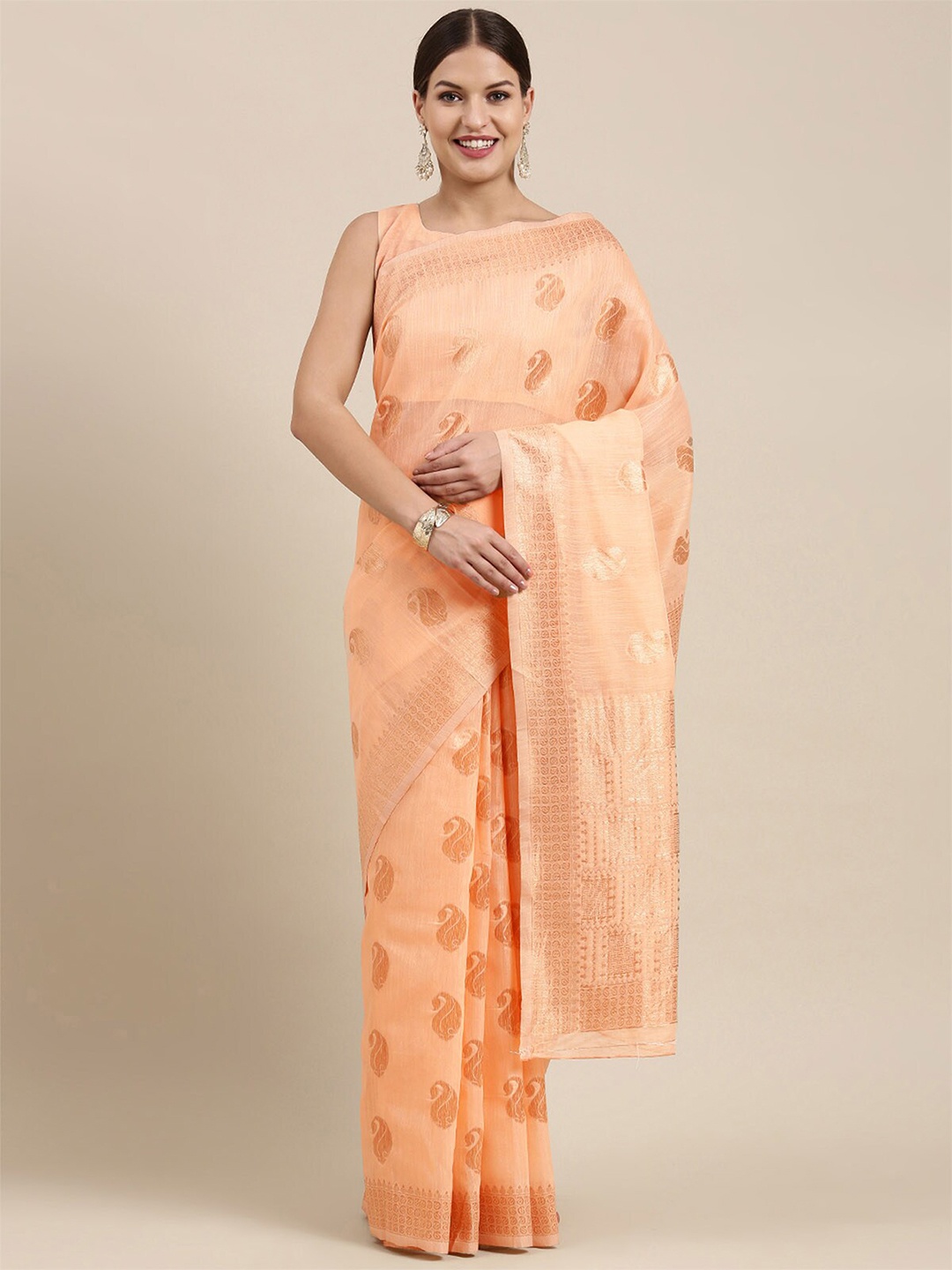 

ODETTE Peach-Coloured & Gold-Toned Woven Design Zari Linen Blend Banarasi Saree