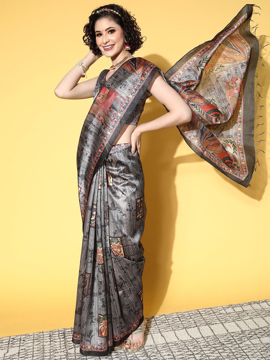 

ODETTE Charcoal & Red Silk Blend Saree