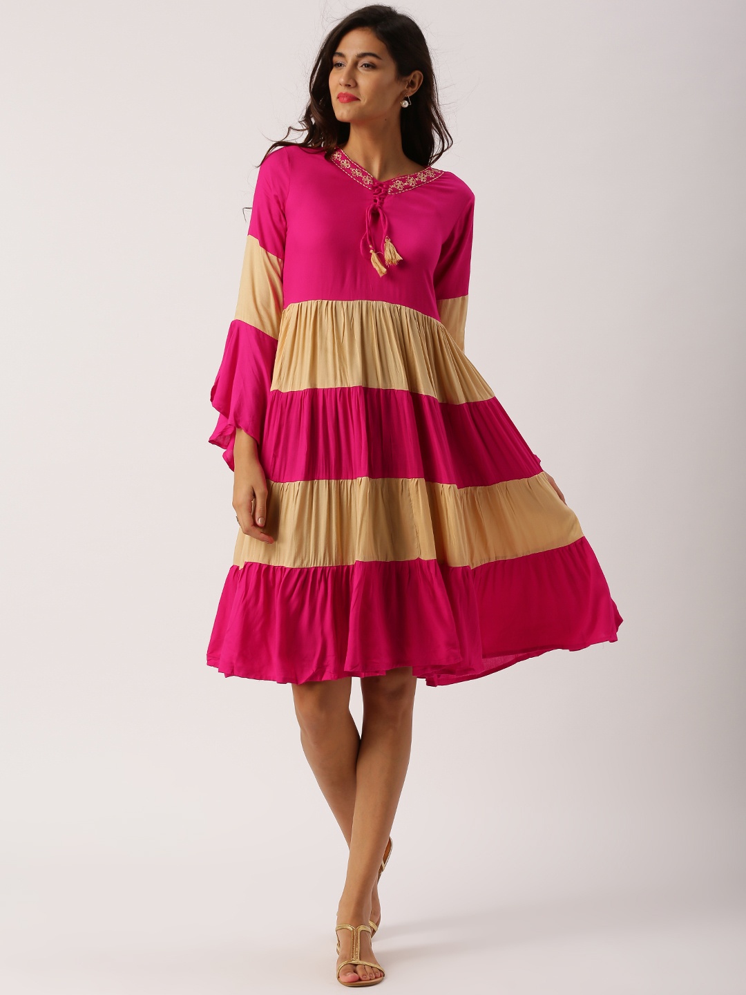 

IndusDiva Infusions Women Pink & Beige Striped Fit & Flare Dress