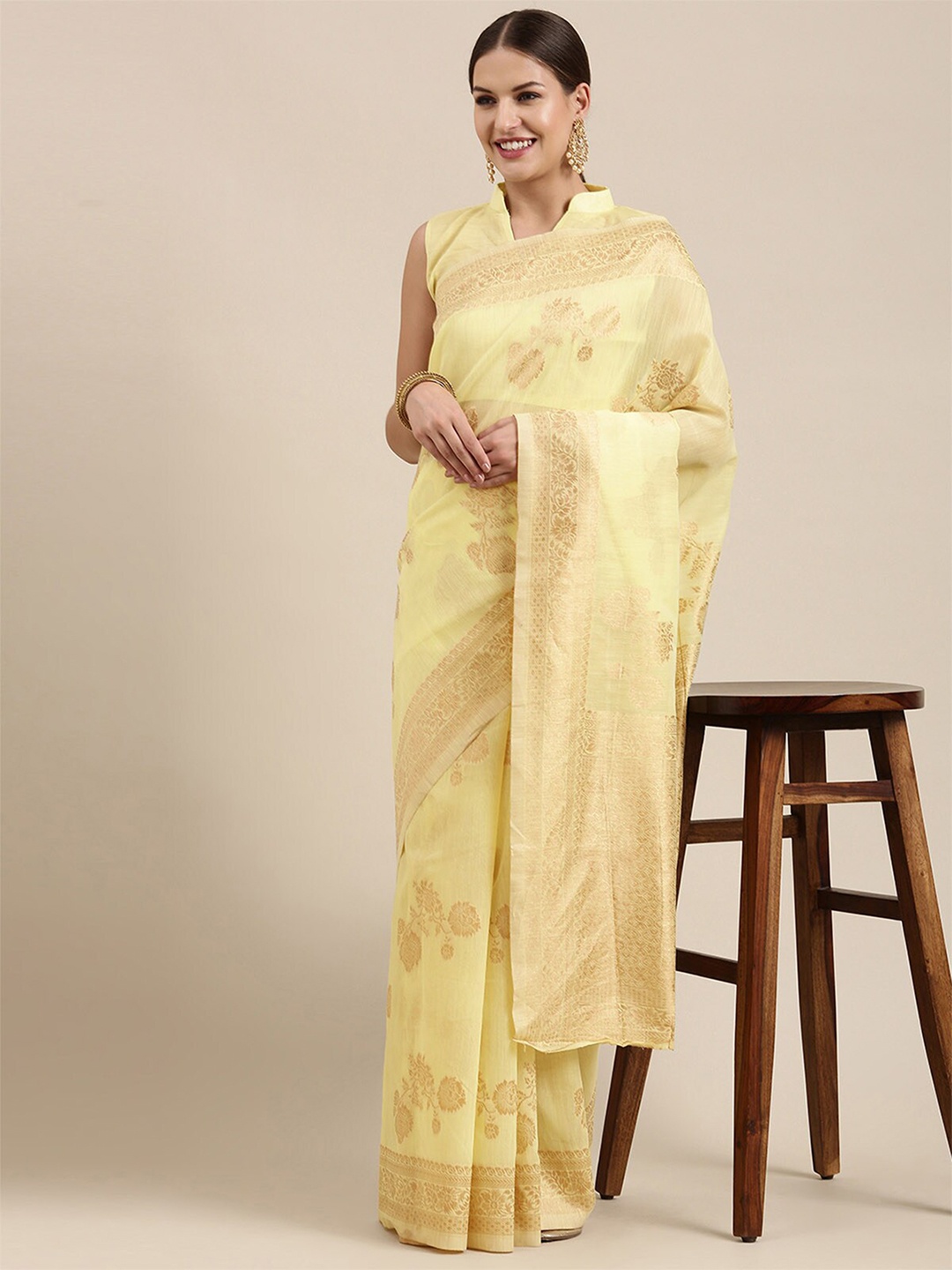

ODETTE Yellow & Gold-Toned Woven Design Zari Linen Blend Banarasi Saree
