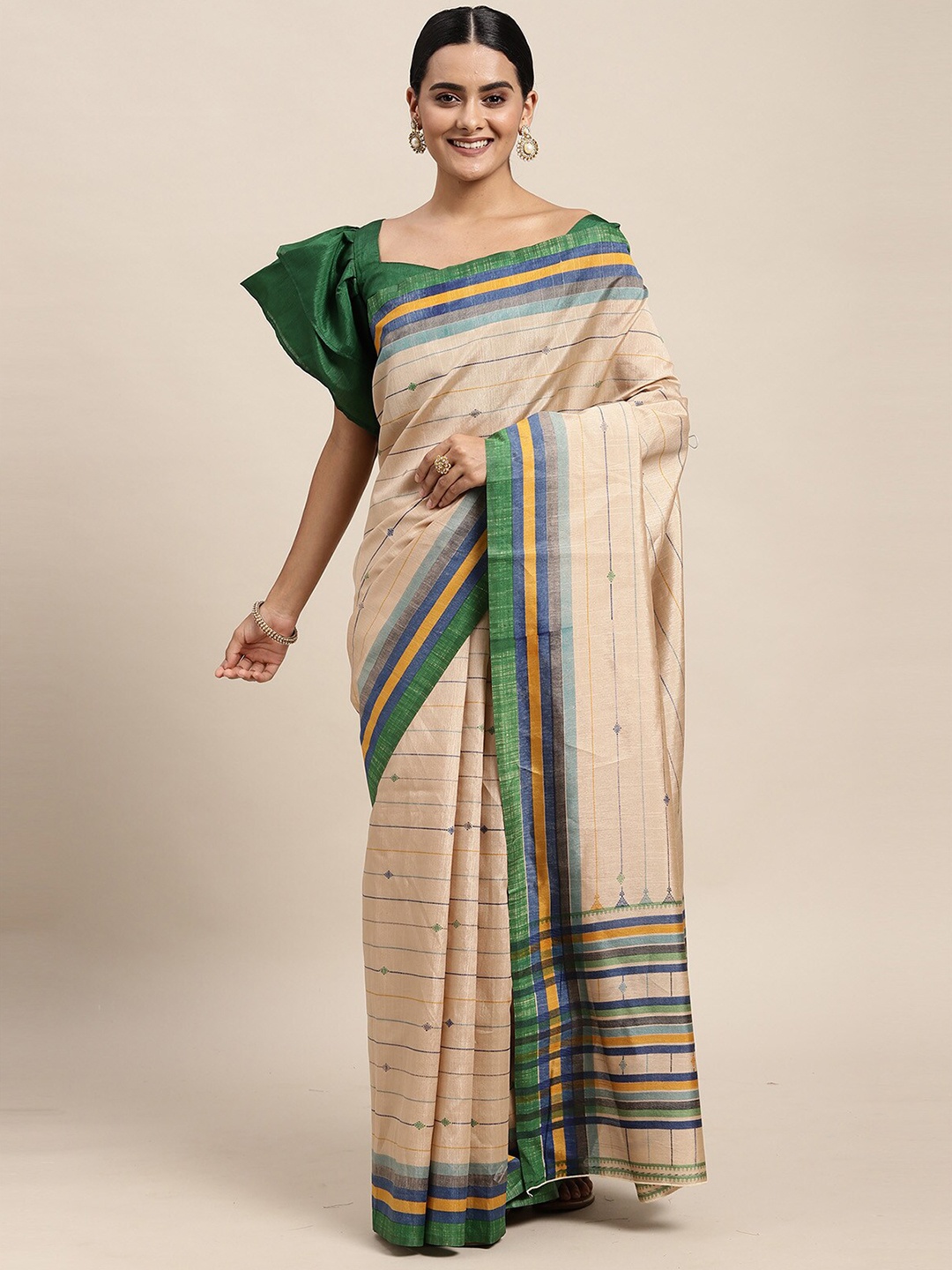 

ODETTE Beige & Green Striped Silk Blend Saree