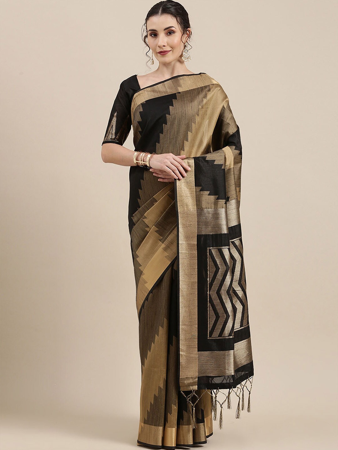 

ODETTE Black & Gold-Toned Woven Design Zari Silk Cotton Banarasi Saree