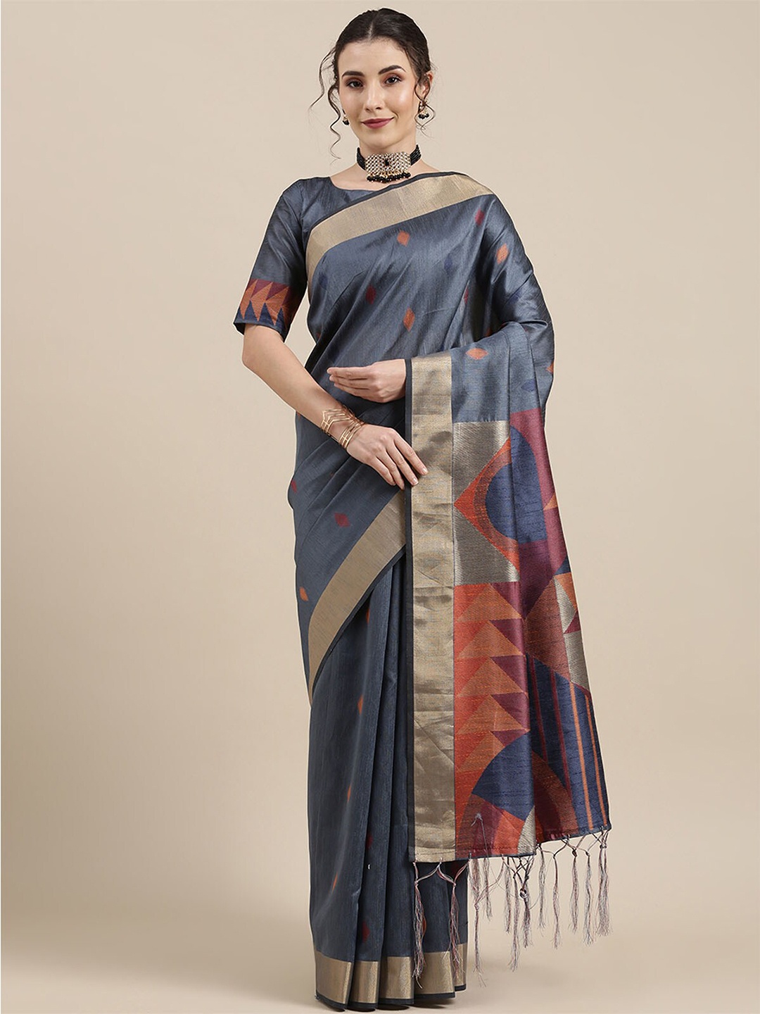 

ODETTE Grey & Orange Woven Design Zari Silk Cotton Banarasi Saree