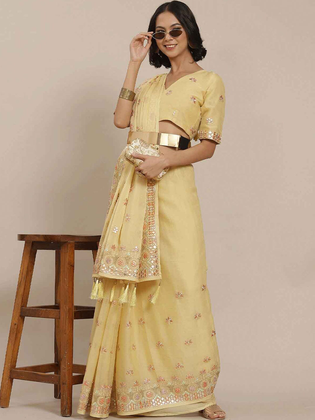 

ODETTE Yellow & Gold-Toned Floral Embroidered Art Silk Saree